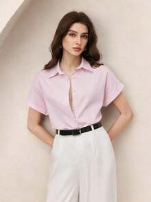 Camisa casual de mujer de unicolor con bordado, estilo retro de los 90, patrón de bordado de caballo, puños vueltos, atuendo básico diario, camisa casual de primavera/verano, adecuada para vacaciones de mujer, ocio de verano, brunch en la playa, salidas, citas, viajes al trabajo, negocios, ocasiones sociales - Rosa 2 - Ver 7