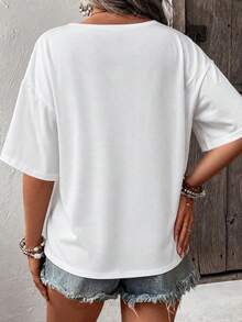 Women's High Elasticity Deep V-Neck Loose Half Sleeve T-Shirt, Basic Style Regular Length Top - White - View 2