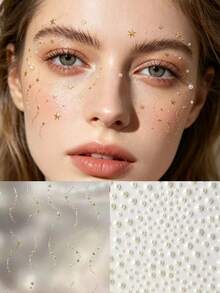 Gold Star & Moon Face Gems Stickers, Self-Adhesive 3D Pearl Rhinestone Face Decorations, Suitable For Festivals, Parties, Halloween, Weddings, DIY Makeup, Eye & Cheek Decor, No Glue Needed - Multicolor - View 1