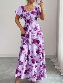 Elenzya Vestido de línea A con volantes en las mangas, fruncido en el frente y estampado floral de rosas, elegante y casual, ideal para vacaciones, viajes, citas, moda francesa y estilo retro, versátil para primavera y verano, de manga corta y largo maxi, en rojo, blanco y multicolor - Multicolor - Ver 6