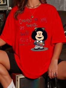 Short Sleeves. The Iconic Mafalda, With Her Colorful Patchwork Dress And The Message 'When You Don't Know What To Wear, Be Happy!', Inspires Joy. This Motto Encourages Choosing Happiness And Optimism. A Symbol Of Wisdom. Women's T-Shirt, 100% Cotton. Leisure - 紅色 - 查看 1
