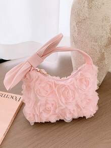 New 3D Rose Tulle Underarm Bag With Bow Handle, Gentle Style Small Bag For And Commuting - Pink - View 13