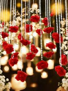 21pcs Rangkaian Bunga Mawar Merah Gantung Bentuk Air Terjun, Mawar Buatan Berhiaskan Manik Kristal, Cocok untuk Hari Valentine, Pesta Pernikahan, Pesta Lajang, Pesta Ulang Tahun, Dekorasi Taman Rumah - Merah - View 2