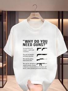 Vintage Graphic Crew Neck Loose Fit T-Shirt With "Why Do You Need Guns?" Print, Casual Wear, Loose Spring Tops, Fashionable Summer Basic T-Shirts, Fun Black And White Clothing, Gift For Men, - 白色 - 查看 10
