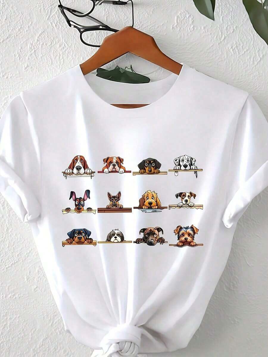 Camisetas de Verano Under The Radar 2026, Cachorro Feliz, Camisetas para Mujer, Manga Corta, Tallas Grandes, Camiseta Gráfica con 12 Razas de Perro Mirando, Camiseta con Estampado para Amantes de los Cachorros, Camisetas para Maestros, Camisetas para Regreso a Clases, Camisetas para el 4 de Julio, Conjuntos de Verano, Conjunto para el 4 de Julio, Camisetas de Halloween - Camiseta Vintage de Estilo Urbano Unisex de Algodón Suelto de Manga Corta y Cuello Redondo - Blanco - Ver 1