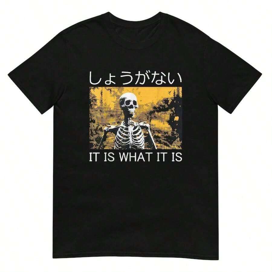 Men's Casual Fashion Print T-Shirt: Retro Summer T-Shirt With Y2K Style Print, Men's Summer Set, Men's T-Shirt. It Is What It Is: Skeleton Print T-Shirt, Short Sleeve Printed T-Shirt, 100% Cotton, Summer Clothes, Gym LJAL. - 黑色 - 查看 1