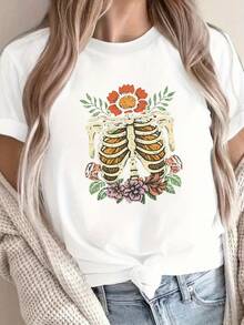 1 Piece Of Women's Solid Color T-Shirt, Artistic Bustier And Floral Design, Comfortable Fit, Short Sleeves, Round Neck - Casual Style, Machine Washable, 180g 100% Cotton. - 白色 - 查看 12