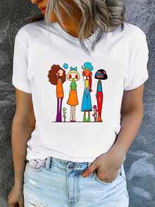 1 Piece Of Women's Summer T-Shirt, Short Sleeve And Printed, Modern And Casual, Machine Washable, Comfortable Fit, 2D Flat Print, 180g, 100% Cotton. - 白色_10 - 查看 1
