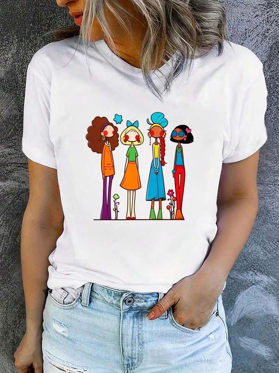 1 Piece Of Women's Summer T-Shirt, Short Sleeve And Printed, Modern And Casual, Machine Washable, Comfortable Fit, 2D Flat Print, 180g, 100% Cotton. - 白色_10 - 查看 1