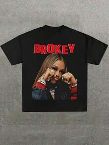 playeras de algodón mujer Brokey Street Style Hip Hop Graphic Oversized Tee,Casual Print Cotton 220 Grams Heavyweight Print T-Shirt,Summer  y2k blusas basicas de mujer - Negro - Ver 7