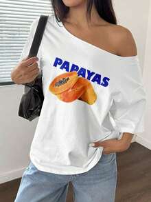GiftFlirla Women's Loose Fit T-Shirt, White Pomegranate, Asymmetric Neck, Plus Size, Soft - 白色 2 - 查看 1