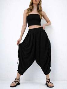 Women's Casual Fashion Street Chic Daily Commute Solid Color Drawstring Pleated Knot Cropped Skinny Pants - Black - View 5