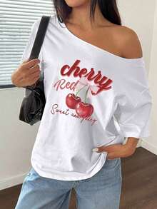 GiftFlirla Women's Loose Fit T-Shirt, White Pomegranate, Asymmetric Neck, Plus Size, Soft - 白色 4 - 查看 4