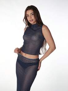 Bộ đồ hai mảnh gồm áo hai dây và chân váy dài chấm bi màu trơn dành cho nữ, kiểu dáng ôm sát gợi cảm, thích hợp cho tiệc sinh nhật, hộp đêm, hẹn hò, trang phục thường ngày, kỳ nghỉ hè, hoặc phong cách thanh lịch. - Màu xanh hải quân - Xem 7