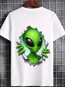 Herren-Grafik-T-Shirt - Weißes T-Shirt mit kräftigem grünem Alien-Gesicht - Leichter, atmungsaktiver Stoff für lässige und formelle Outfits - Alltagstaugliches Sommer-Shirt - Maschinenwaschbares Oberteil in normaler Passform, verspielte Mode, auffälliger Druck, strapazierfähige Verarbeitung, bedrucktes T-Shirt,  Kleidung - Weiss - Übersicht 4