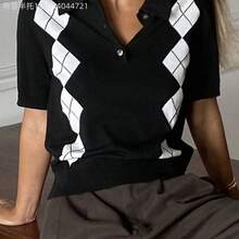 MewMuse.  Blusa de punto holgada de estilo casual y de oficina con bloques de color tipo argyle para mujer, ideal para primavera y verano - Negro - Ver 7