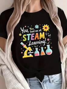 Camiseta cómoda de color sólido para mujer con el ícono de ciencia STEAM learning. - Negro - Ver 7