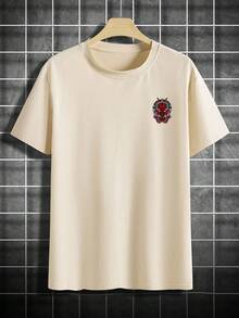 Men's Casual Short Sleeve Graphic Print T-Shirt - Bold Flame And Flower Design, Regular Fit, Summer Streetwear, White With Red/Yellow Art, Street Style, Stylized Face Design, Striking Contrast - 白色 - 查看 9