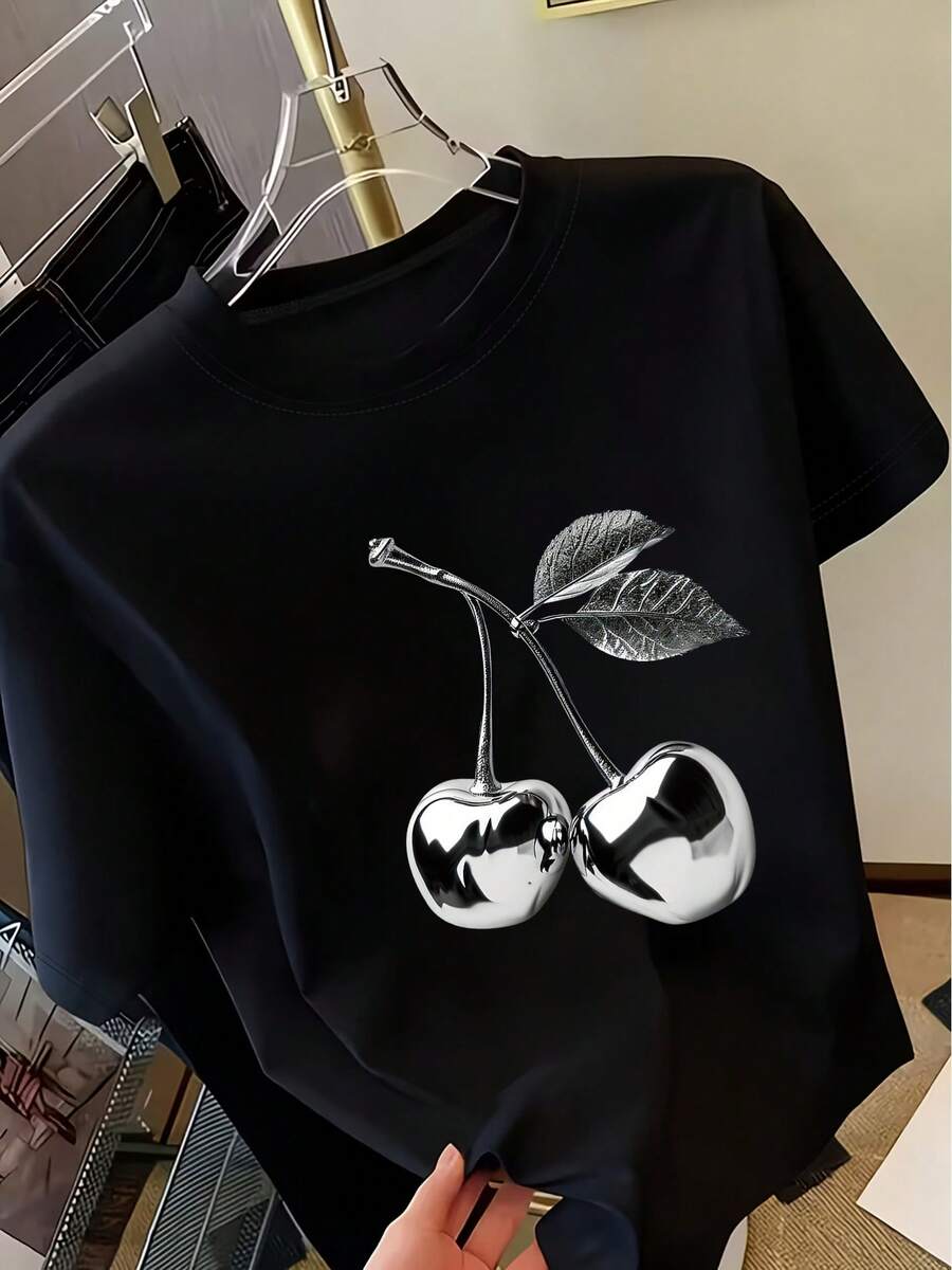 Women's Short-Sleeved T-Shirt With Cherry Print, Casual Top, Stylish And Versatile For Everyday Wear. | Comfortable And Soft Fabric | These Women's T-Shirts Are A Versatile Wardrobe Staple For Spring And Summer. - 黑色 2 - 查看 1