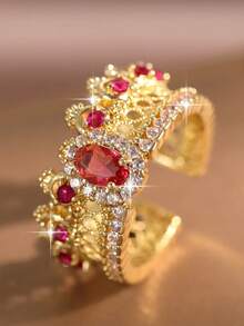 jealous young 1pc Elegant Palace Style Gold‑Plated Crown Open Ring With Hollow Lace Design & High‑Quality Rose‑Red Cubic Zirconia, Showing Women's Dignified Charm Jewelry Suitable For Daily Wear, Gift, Dates, Wedding Banquets, Holiday Galas, Evening Dinners - Crown - View 9