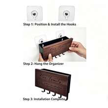 Organizador de llaves de pared de madera & metal con ranura de almacenamiento para control remoto, teléfono, correo & accesorios - Decoración rústica para el hogar - Negro - Ver 4