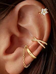 3pcs Set Clip-On Cubic Zirconia Ear Cuffs, Gold Color Earrings Gift For Women - Gold - View 2