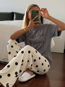 DAZY 2pcs Women Pajama Set, Short Sleeve Top And Long Pants, Soft Homewear, Spring/Summer - Grey - View 1