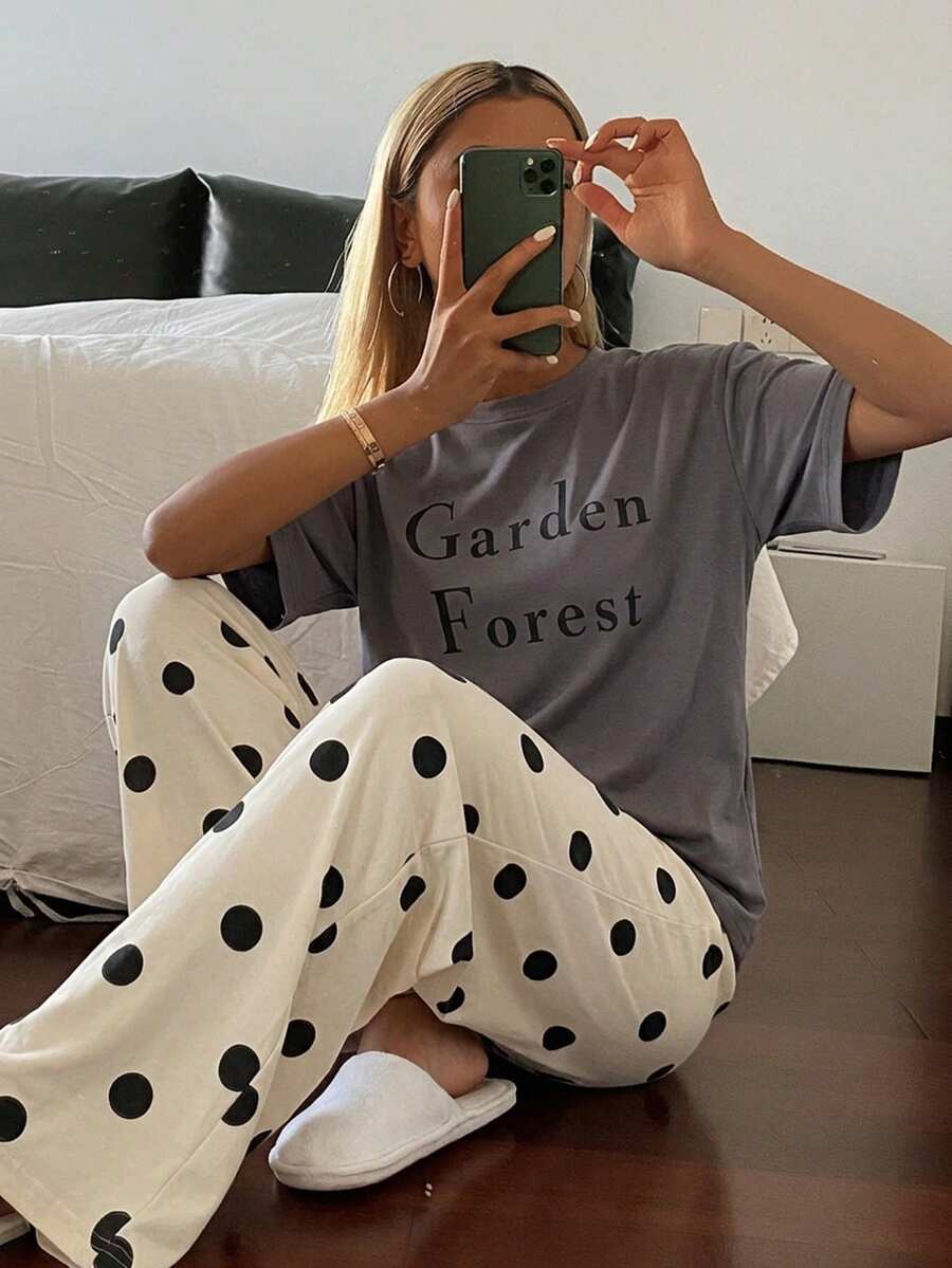 DAZY 2pcs Women Pajama Set, Short Sleeve Top And Long Pants, Soft Homewear, Spring/Summer - Grey - View 1