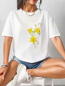 Camiseta Casual con Diseño Floral de Narcisos para Primavera y Pascua - Blanco - Ver 1