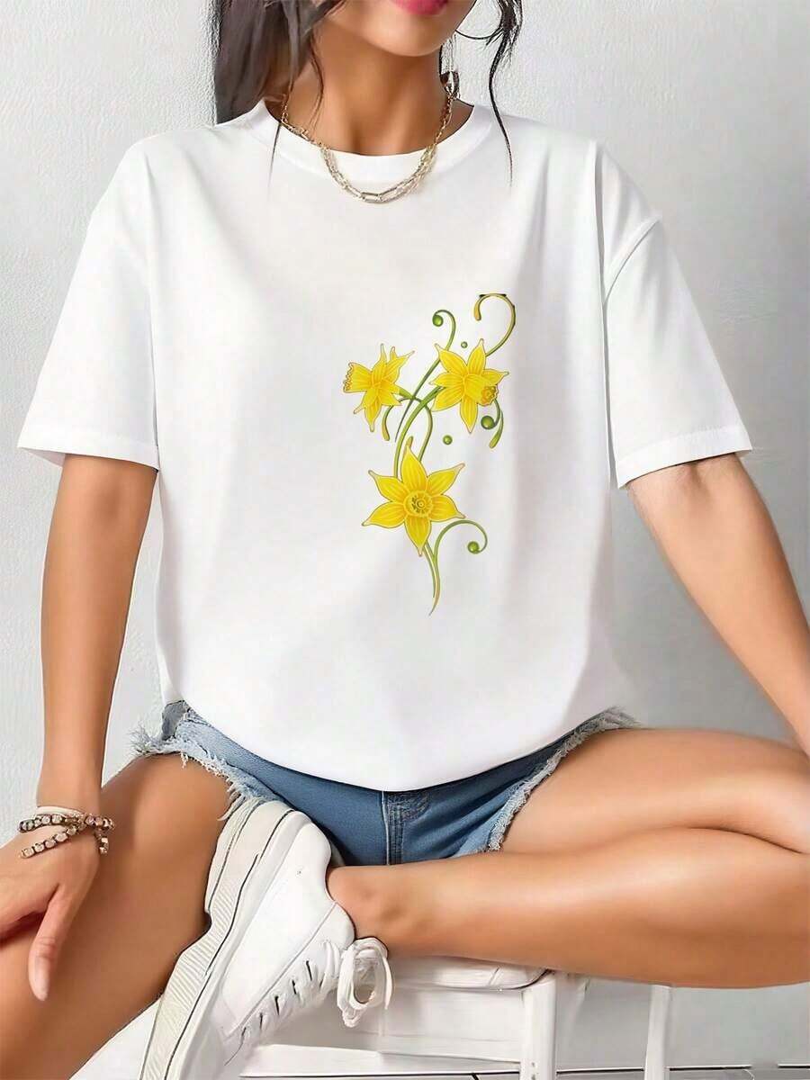 Camiseta Casual con Diseño Floral de Narcisos para Primavera y Pascua - Blanco - Ver 1