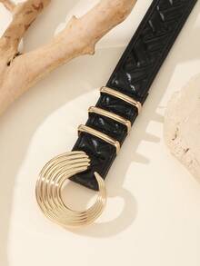 1pc French Quilted Diamond PU Women's Belt, Wavy C-Shaped Gold Buckle, Luxury Style Accessory For Suits And Dresses - Black - View 2