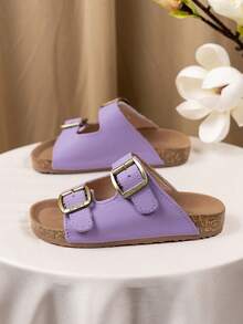 1 Pasang Sandal Anak Ungu Modis, Sandal Sol Lembut Baru, Sandal Warna-warni Blok, Cocok untuk Santai, Liburan, Pesta, Sandal Gesper Logam Jahitan Bergaya - Purple - View 2