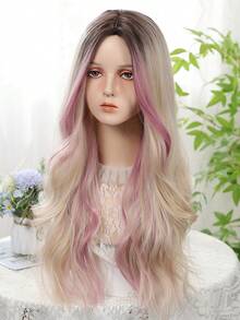 26 Inch Pink Gradient Gold Woven Synthetic Wig - Long Wavy Style Without Bangs; Made Of Heat-Resistant Material, Featuring Fluid Water Wave Texture - Perfect For Photography, Theme Parties, Music Festivals And Other Occasions - 挑染金色 - 查看 4