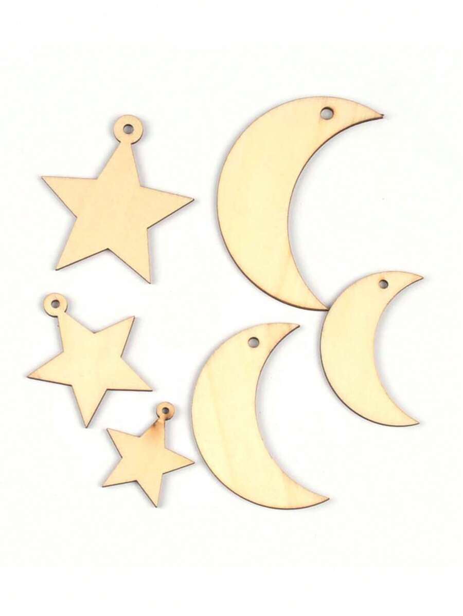 30入 3-7cm 天然原木色新月/星星形木片帶孔,未加工空白木片,適用於剪貼簿、DIY手工藝、裝飾與吊飾 - 星星/彎月混合 - 查看 1