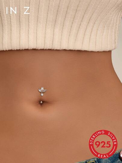 1pc 925 Sterling Silver Diamond Clover Navel Ring, Flower Lotus Reverse Gold Navel Ring, Women Daily Wear Anniversary Birthday Beach Holiday Navel Jewelry