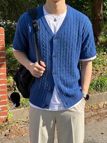 Men's Casual Loose Solid Color Twist Rope Textured V-Neck Button-Up Short Sleeve Knit Cardigan Sweater, Navy Blue, Spring/Summer - Navy Blue - View 1