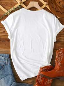 Women's Western Denim Print Top | Round Neck, Loose & Comfortable, Versatile, Casual - Summer Clothing - White Top - White - View 2