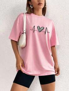 The Hottest Item Of The Summer: Pure Cotton T-Shirt, Crew Neck T-Shirt With Heart Print, Graphic Tees With Cheetah Print For Women, Stylish Pure Cotton T-Shirt. Stylish, Popular, Party T-Shirt. - 粉色 - 查看 11