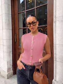 女款夏季度假休閒優雅通勤無袖針織背心，適合日常與辦公穿著 - 西瓜粉 - 查看 5