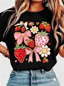 Women's T-Shirt With Strawberry Print, Bows And Flowers, Heat Transfer Design, Red Strawberries, Sweet, Youthful Style, Vibrant Colors, Eye-Catching Modern Casual Outfit - [白色的] - 查看 3