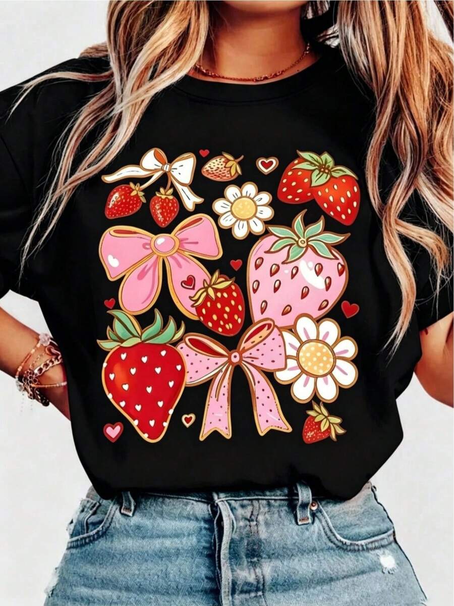 Women's T-Shirt With Strawberry Print, Bows And Flowers, Heat Transfer Design, Red Strawberries, Sweet, Youthful Style, Vibrant Colors, Eye-Catching Modern Casual Outfit - 黑色 - 查看 1