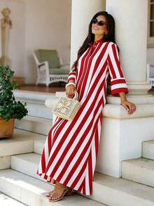 Vestido largo para mujer, con diseño de rayas anchas y bloques de color, adecuado para el uso en el festival de Eid Al-Adha en primavera/verano en color rojo - Rosa - Ver 9