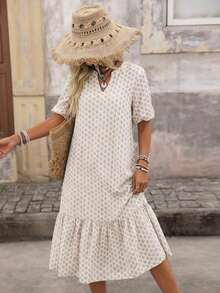 Vestido de mujer con estampado todo sobre cuello en V y mangas con volantes para vacaciones - Blanco - Ver 1