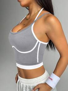 Women's High Elasticity Nylon Sports Vest - Breathable Contrast Color Fitness Top, Seamless Splicing Design, Suitable For Yoga, Pilates, Daily Fitness - Shaping Style And Beautiful Back Support, Simple Style, Comfortable Fit, Pressure-Free Support - 淺灰色 - 查看 4