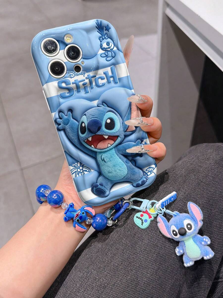 Disney Has Authorized, Phone Case - Chain Set, The Stitch Lilo & Stitch 3D Phone Case Plus A Silicone 3D Stitch Bracelet With Metallic Ring Removable Bracelet, Stitch And Angel Pattern, Compatible With Iphone17/16/15/14/13/12/11/XS/XR/X Plus Pro Max, A Stylish Cartoon Phone Case, The Perfect Gift Choice, Phone Protection, Durable Phone Cover, Great Gift For Friends And Family. - trắng - Xem 1