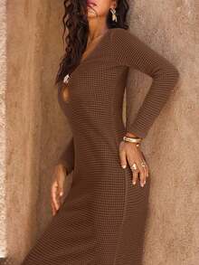 xheOpulessa 1 pieza Vestido de fiesta formal de punto de un solo color con cuello en V y manga larga con cola de pez para mujer, para vacaciones en otoño e invierno, boda, fiesta de cócteles y navidadxhe - Marrón - Ver 7