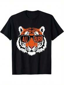 [Short Sleeve Top With Digital Print] Auburn Tiger Graphic T-Shirt, 100% Cotton, Casual Crew Neck T-Shirt, Regular Fit, Short Sleeve, Slightly Stretchy Fabric, Digitally Printed, For Men And Women, All Seasons, Versatile Top For Daily Wear, Sports, Festivals And Gifts - 黑色 - 查看 1