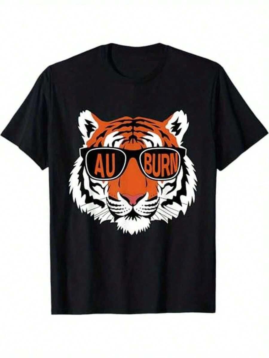 [Short Sleeve Top With Digital Print] Auburn Tiger Graphic T-Shirt, 100% Cotton, Casual Crew Neck T-Shirt, Regular Fit, Short Sleeve, Slightly Stretchy Fabric, Digitally Printed, For Men And Women, All Seasons, Versatile Top For Daily Wear, Sports, Festivals And Gifts - 黑色 - 查看 1