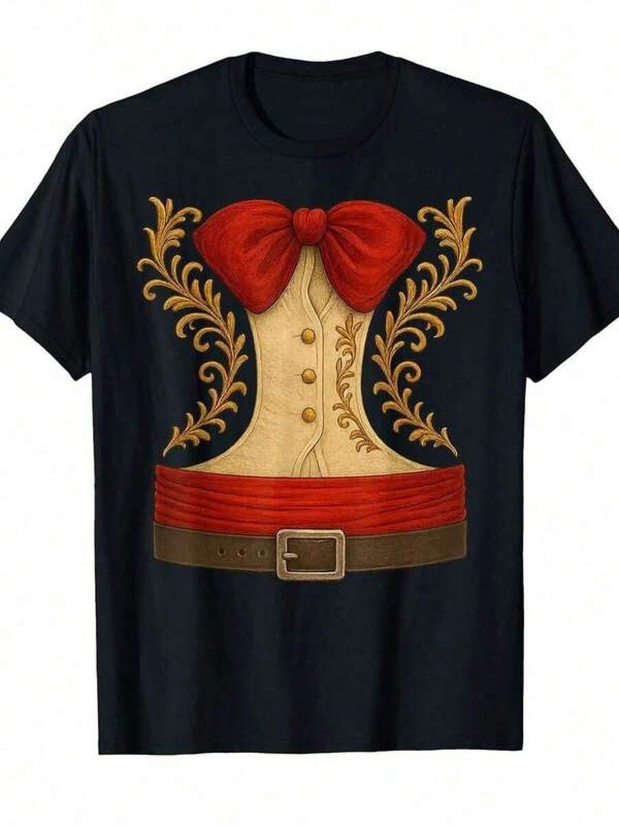 Men's Mexican Charro Mariachi Costume Shirt - Mexican Western Dance Set With Gold Accent, Hola Shirt, Regular Fit Crew Neck For Cinco De Mayo, Day Of The Dead, And Theme Parties - Machine Washable Mexican Cultural Clothing With Intricate Charro Suit Design, Vibrant Red Bow Tie, And Gold Trim, Suitable For Casual Wear And Festive Events, Detailed Embroidery, Durable Fabric - 黑色 - 查看 1