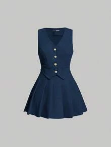 AYYSHEIN MOD Conjunto de chaleco y falda plisada de pana para damas en otoño/inviernoAYY - Negro 2 - Ver 5